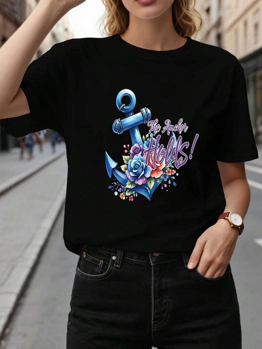 Camiseta de Mujer Náutica '¡La Ancla Sostiene! 'Camiseta con Estampado Gráfico de Ancla y Flores, Manga Corta, Cuello Redondo, Top Casual para Verano y Primavera, Ropa de Mujer, Tops para Salir de Noche para Mujer - Negro - Ver 1