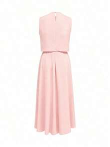 Conjunto de 2 piezas para mujer: Blusa sin mangas de unicolor + Falda A-line casual y suelta con botones delanteros, conjunto de verano para mujer elegante - Rosa - Ver 3