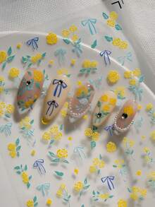 3D Embossed Nail Art Stickers With Gentle Fresh Style, Featuring Yellow Rose And Blue Bow Decor, Healing Atmosphere, Suitable For Commuting, Soft Chic Outfits, Gentle Manicure, Dating Occasions, Ideal For Gentle Enthusiasts, Students, Moms, Nail Art DIY Beginners, And Soft Girl - Multicolor - View 7