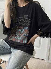 Camiseta de manga corta para mujer con ajuste holgado, estampado de letras, parches de encaje, de algodón transpirable, versátil para primavera/verano, camisetas gráficas oversize para mujer - Negro - Ver 6