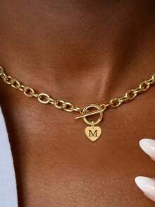 1 pieza Collar con colgante de letra en forma de corazón de acero inoxidable con cierre en T, uso de moda para mujeres en fiestas, evento de Ramadán - Estilo 3 - Ver 20