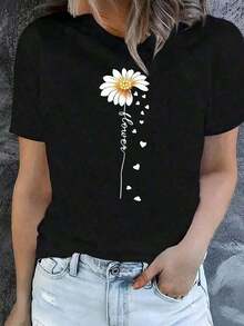 ropa de mujer  Playera Negra de Mujer con Diseño de Margarita y Corazones Volando, Camiseta Aesthetic Minimalista Manga Corta, Top Moderno de Flores con Frase Flower, Blusa Casual Romántica de Moda IPMN W1DT  camisas de mujer - Negro - Ver 1