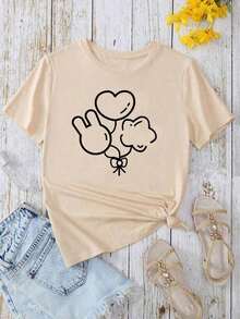 Camiseta de mujer con estampado de triple globo, primavera/verano, holgada y casualPure-Cotton - Albaricoque - Ver 7