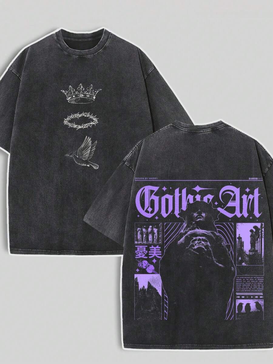 Camiseta unisex de moda con cuello redondo, estampada por ambos lados, con diseños de arte gótico y texto, que presenta coronas de espinas, pájaros y estilo callejero retro japonés. Corte holgado, artículo promocional popular de alta calidad, lavable a máquina, cómoda para todas las estaciones, 100% algodón puro. - Negro - Ver 1