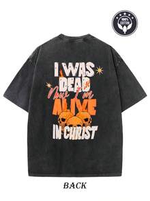 Men's Vintage Christian T-Shirt, Popular In 2026, 250g, 100% Cotton - Loose Fit, With The Phrase "I Was Dead, Now I Live" And "Live In Christ" Printed On The Back, Suitable For Church Use, Casual Street Style, Easter And Party Attire, Machine Washable Religious-Themed Clothing (Unisex) - Cross Design, Christ's Rebirth Message, Soft And Breathable Fabric, Suitable For All Seasons, Religious Clothing, High-Quality Printing, Durable Material, Gospel Preaching T-Shirt, Youth Group Clothing, Washed Cotton. - 黑色 - 查看 3