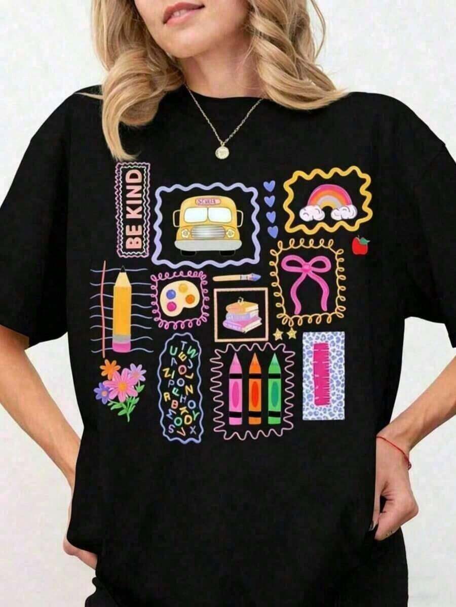 1 pieza de ropa versátil de talla grande para mujer, nueva colección de verano 2026 del almacén local. Camisetas gráficas 100% algodón para profesoras, camiseta colorida con dibujos para la vuelta al cole, camiseta escolar estilo preppy coquette, camiseta femenina con lazo rosa, regalos para profesoras. Camisetas estampadas de algodón vintage casuales de verano unisex 2026 para parejas, 100% algodón, adecuadas para primavera, verano y otoño. - Negro - Ver 1