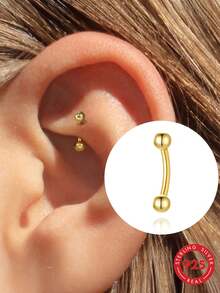 EleRunis 1 pieza de plata de ley 925 hipoalergénica con barra doble de diamante curva tipo rook para piercing de ombligo y oreja, joyería fina para uso diario, boda, fiesta, compromiso, aniversario y Día de San Valentín - Dorado - Ver 1