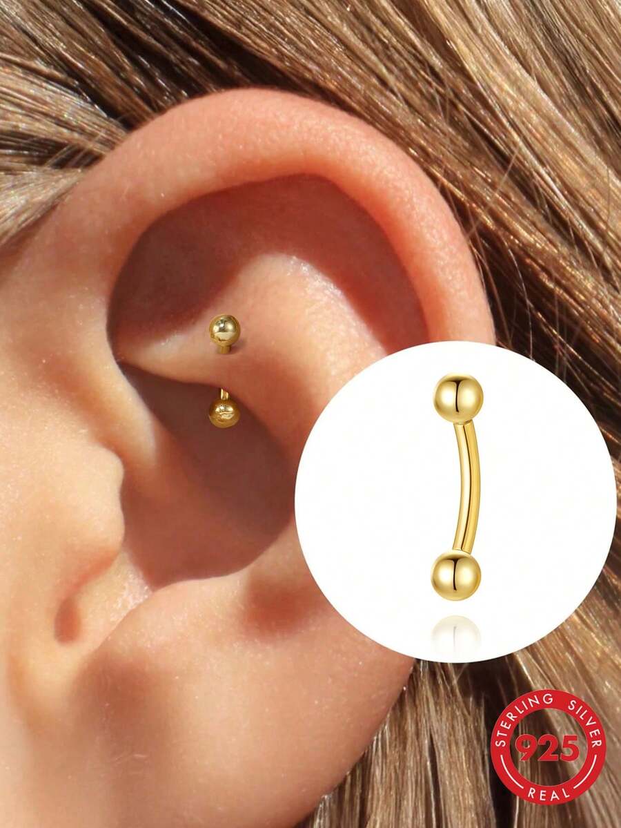 EleRunis 1 pieza de plata de ley 925 hipoalergénica con barra doble de diamante curva tipo rook para piercing de ombligo y oreja, joyería fina para uso diario, boda, fiesta, compromiso, aniversario y Día de San Valentín - Dorado - Ver 1