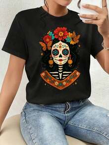 ofertas y liquidacionesPlayera Para Mujer,Día De Muertos Estético Esqueleto Camiseta Gráfica - Regalo Para Mujer, Con Estampado Floral Mexicano, Ideal Para Halloween, Otoño Y Verano, Lavable A Máquinaplayera de hombretops sudaderas para mujer Y2k Camiseta Camisa De - Negro - Ver 9