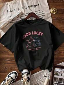 Remera Amigos Animalillos Frase Buena Suerte,Camiseta de manga corta de moda para primavera y verano de 2026, Estampado de dibujos animados, modelo de pareja, apta para uso interior o exterior. Cuello redondo, unisex, ideal para oficina y ocio. - BK-P631557LNDXZGY281 - Ver 1