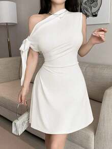 Vestido corto asimétrico con nudo en la cintura para mujer - Blanco - Ver 5