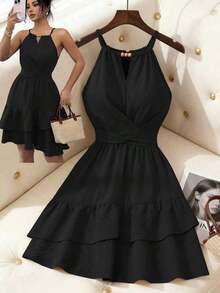 Vestido mini ajustado y acampanado sin mangas, elegante, de color caqui, con lazo de cuentas para mujer, para primavera/verano - Negro - Ver 1