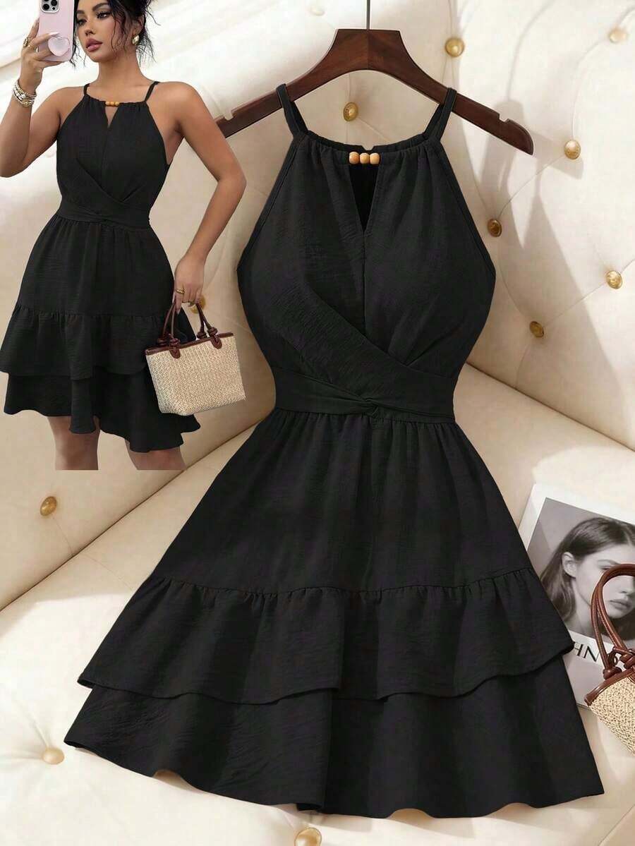 Vestido mini ajustado y acampanado sin mangas, elegante, de color caqui, con lazo de cuentas para mujer, para primavera/verano - Negro - Ver 1