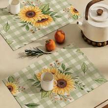 A Complete Set Of Daily Sunflower, Green Leaf, Green Checkered, And Striped Patterned Placemats, Suitable For Spring, Summer, Autumn, And Winter. It Adopts A Multi-Color Pattern Design And Is Woven From 100% Polyester Fiber. The Size Is 12 * 18 Inches And Can Be Machine Washed With Polyester Placemats. Heat Resistant, Stain Resistant, Waterproof, Easy To Clean, Suitable For Dining Tables, Holiday Party Decorations, Desktop Protection, Kitchen And Living Room Decorations, And Daily Use. - Multicolor - View 2