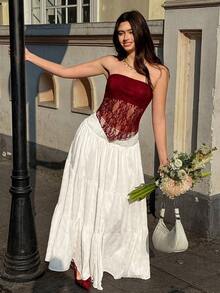 Top bandeau ajustado con bajo asimétrico de tela de encaje sexy y casual, color marrón - Burdeos - Ver 7