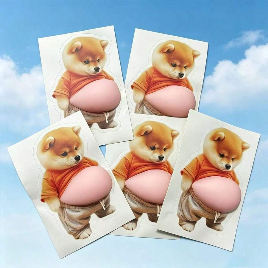 5张3D立体大肚皮贴纸套装 - 可爱小狗装饰贴纸，可用于墙面、冰箱和笔记本电脑，包含大肚皮柴犬图案，可供收藏