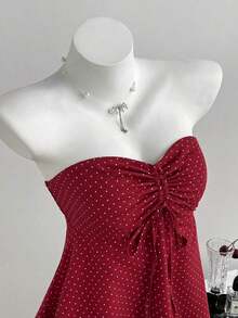 Top de tirantes con cintura ceñida y estampado de lunares, trajes de baño de primavera/verano para mujeres con parte superior de lunares con lazo, blusas de verano para mujeres con estampado de lunares, top sin tirantes con estampado de lunares - Burdeos - Ver 5