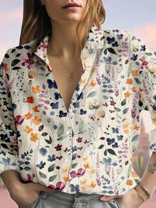 Selamara Camisa de mujer de manga larga con botones y estampado casual, adecuada para paseos y estilismo casual, elegante manga larga, estilo relajado, ajuste cómodo, diseño innovador - Multicolor 2 - Ver 3
