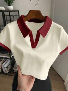 Blusa casual de mujer con cuello polo a rayas y manga corta - Albaricoque - Ver 6