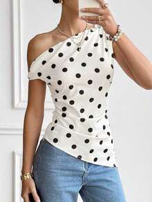 Camiseta de mujer casual con estampado de lunares asimétrica en los hombros, para verano - Multicolor - Ver 3