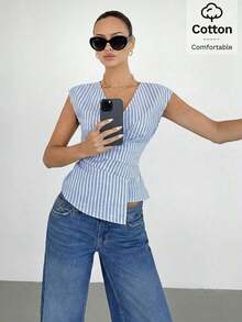 Blusa de mujer de cuello en V a rayas, versátil para uso diario, atuendos casuales de mujer, atuendos de verano de mujer, blusas casuales para mujer, blusas de mujer para el verano, blusa de cuello en V a rayas - Azul y blanco - Ver 6