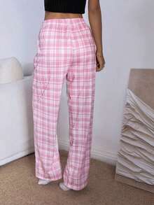 Pantalones de estar por casa rectos de cintura elástica con estampado de cuadros para mujer, para invierno - Multicolor 4 - Ver 2
