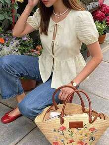Camisa de mujer de cuello redondo de manga corta, camisa con estampado de cebra con lazo y manga abullonada, blusa de verano de cuello en V con volantes y manga abullonada de corte regular y ajuste casual para uso diario, blusa casual de estampado de animal de manga corta para primavera/verano - Albaricoque - Ver 10