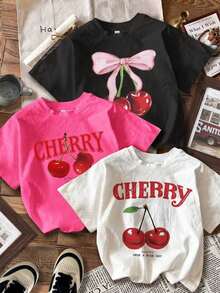 Set de 3 camisetas de manga corta de ajuste ceñido con estampado de cereza en estilo minimalista casual, adecuadas para el verano - Multicolor - Ver 9