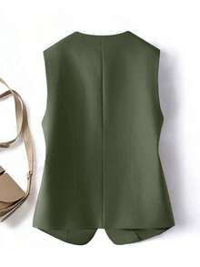 Cárdigan de cuello redondo elegante y casual de estilo vintage para mujer - Verde militar - Ver 2