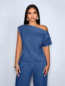 Blusa elegante de un solo hombro con botones metálicos, sin mangas, de unicolor, para uso en la oficina, citas, eventos y uso diario modesto - Azul - Ver 6
