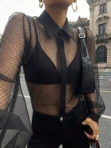 Blusa transparente de malla y gasa de manga corta minimalista para mujer, de estilo casual de negocios - Negro - Ver 1