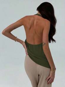 ajustado de mujer de cuello halter con efecto drapeado en un bloqueo de colores minimalista y elegante - Verde militar - Ver 2