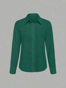 Camisa de mujer casual de manga larga a rayas con un solo abotonado - Verde Oscuro - Ver 3