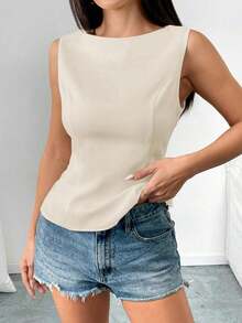 Camisa sin mangas con lazo en la espalda de unicolor, elegante, casual, sexy y minimalista para uso en la oficina y negocios para mujeres, primavera/verano - Albaricoque - Ver 3