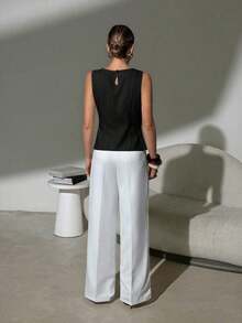 Camisa blanca sin mangas de algodón y lino, ajustada, con botones de nudo de bambú, estilo vintage para oficina - Negro - Ver 2