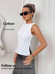 Camisa blanca sin mangas de algodón y lino, ajustada, con botones de nudo de bambú, estilo vintage para oficina - Blanco 2 - Ver 4