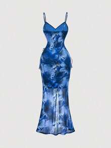 Vestido largo con abertura alta, cuello en V y volantes, con estampado de teñido anudado, vestidos de verano para mujer, vestidos en tonos pastel, vestido de fiesta, atuendo de fiesta, vestido de playa, atuendos de playa para mujer, vestidos ele - Azul - Ver 2