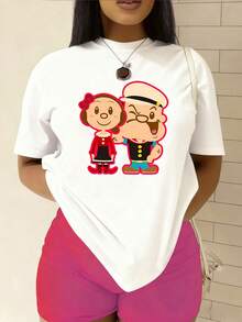 Women's Fashionable T-Shirt, Featuring The "Mighty Man From And " Pattern Print, Made Of 100% Pure Cotton With A Round Neck And Short Sleeves. It Is Comfortable And Breathable, Casual And Elegant, A Must-Have For Summer. - 白色 - 查看 1
