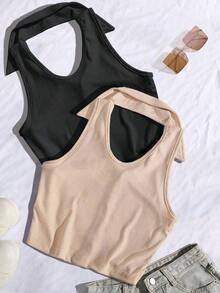 Blusa sin mangas con cuello polo y escote en V para mujer, de estilo casual y chic para la calle, en color marrón - Multicolor 3 - Ver 2