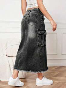 Minifalda de mezcla de algodón para mujer, de unicolor, con bolsillos, adecuada para todo el año, casual, negra, primavera - Negro - Ver 2