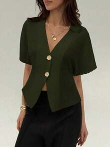 Camisa blanca sólida con mangas de murciélago, doble botonadura y frente abierto elegante - Verde militar - Ver 6