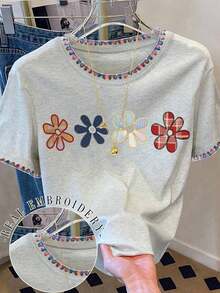 Camiseta casual de mujer con cuello redondo y hombros caídos, con bordado floral, 4 estampados florales diferentes, cómoda y casual para uso al aire libre, adecuada para todas las estaciones - Gris Claro 2 - Ver 3