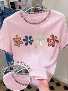 Camiseta casual de mujer con cuello redondo y hombros caídos, bordada con flores, 4 estampados florales diferentes, camiseta bordada con conchas.Camiseta casual cómoda para exteriores, adecuada para todas las estaciones. - Rosa Pálido - Ver 3