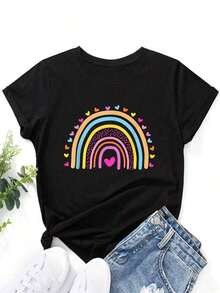 Descuento especial,Camiseta con estampado de corazón y arcoíris, camisetas gráficas para mujeres - Negro - Ver 6