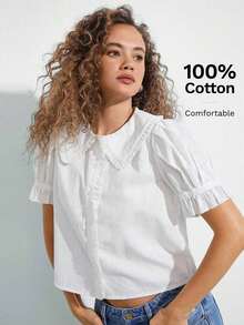 Camisa casual con cuello de volantes, mangas cortas abultadas y abotonadura, top lindo de otoño, ropa bohemia, atuendo de regreso a la escuela, para otoño, invierno, vestimenta occidental para mujer - Blanco - Ver 6