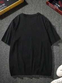 Men's Loose-Fitting T-Shirt With Dropped Shoulders And Print For Spring/Summer Casual Fashion, Comfortable Urban Design, Breathable Fabric, Relaxed Style, One Size Fits All, Vibrant Colors, Everyday Outfit, Summer Men's Clothing GHP1 - 黑色 - 查看 2