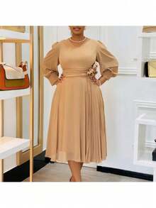 Vestido en corte A de color liso, elegante y con estilo, nueva llegada de primavera para tallas grandes - Caqui - Ver 2