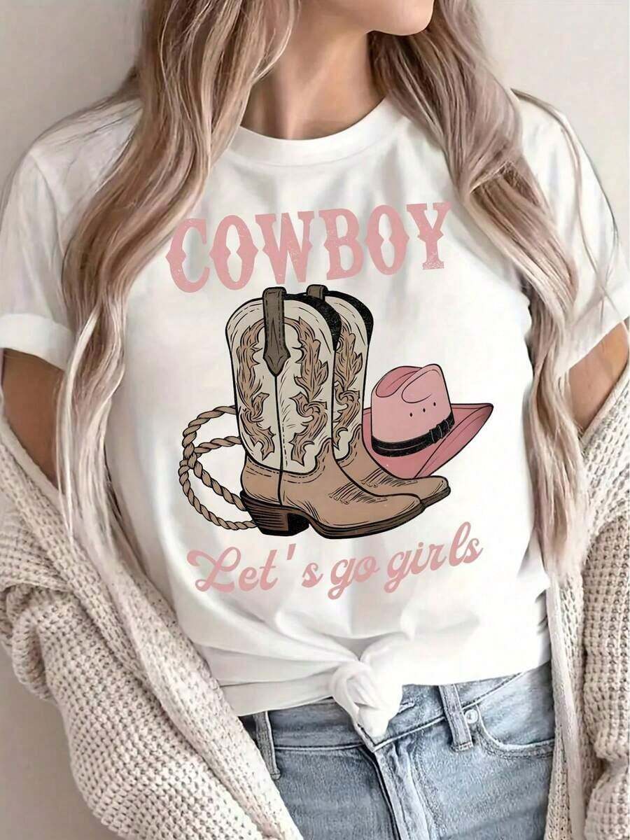 Camiseta de vaquero blanca con estampado de botas y sombrero de vaquero, texto "Let's Go Girls", estilo occidental para outfits casuales - Blanco - Ver 1