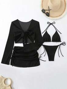 Conjunto de bikini de triángulo de unicolor con pareo para vacaciones en la playa, verano negro - Negro - Ver 1