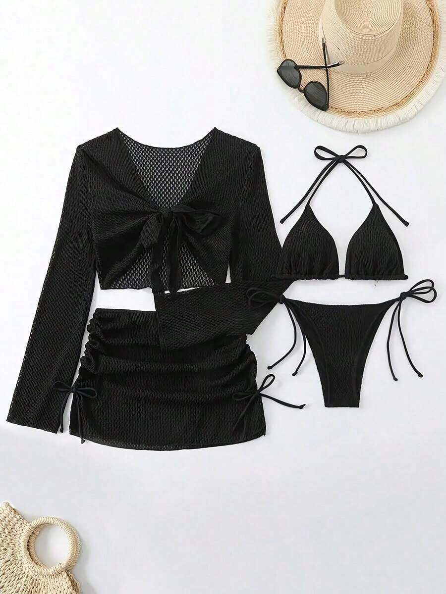Conjunto de bikini de triángulo de unicolor con pareo para vacaciones en la playa, verano negro - Negro - Ver 1
